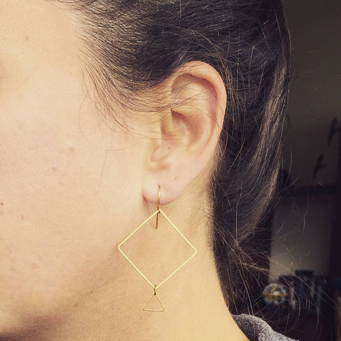 Diamond and Triangle Geometric Earrings, Gold Minimalist Earrings, Modern drop earrings, Mother's Day gift, square earrings, everyday wear