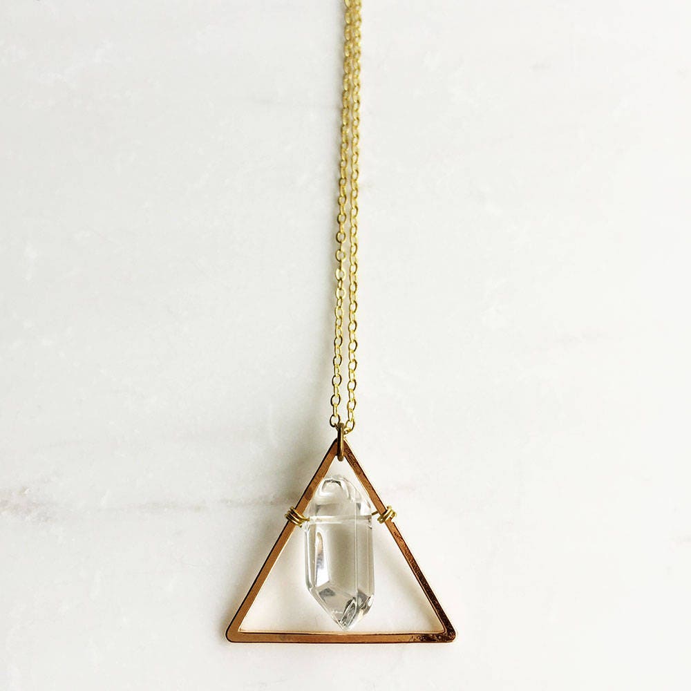 Rose Gold Triangle and Crystal Necklace, triangle necklace, Faceted Crystal Necklace, Rose Gold Necklace, crystal pendant, quartz pendant