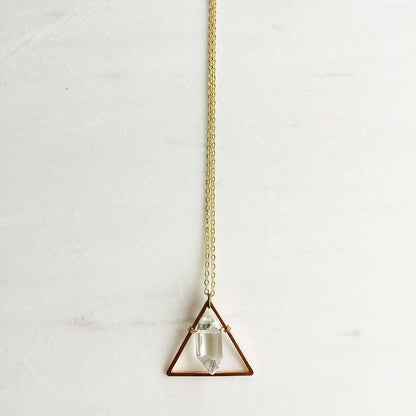 Rose Gold Triangle and Crystal Necklace, triangle necklace, Faceted Crystal Necklace, Rose Gold Necklace, crystal pendant, quartz pendant