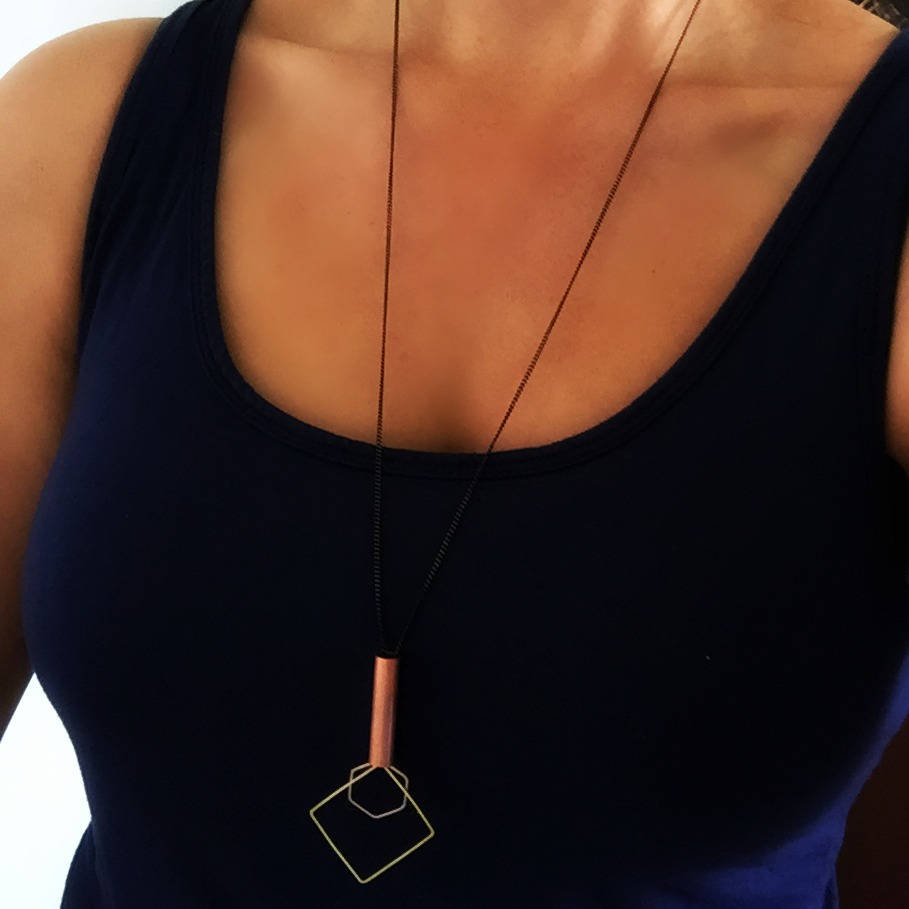 Industrial Geometric Long Necklace, Statement necklace, Gold triangle necklace, Copper Tube necklace, minimalist modern, Gift for her women