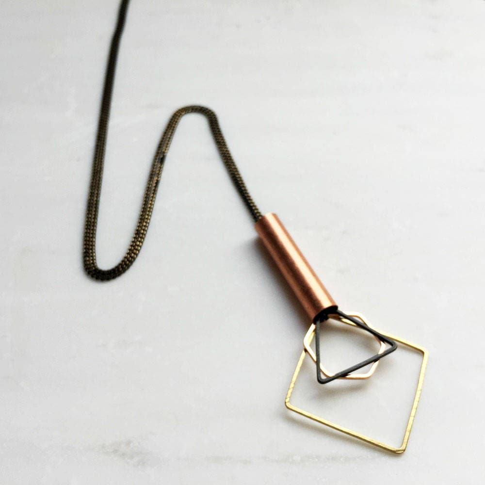 Industrial Geometric Long Necklace, Statement necklace, Gold triangle necklace, Copper Tube necklace, minimalist modern, Gift for her women
