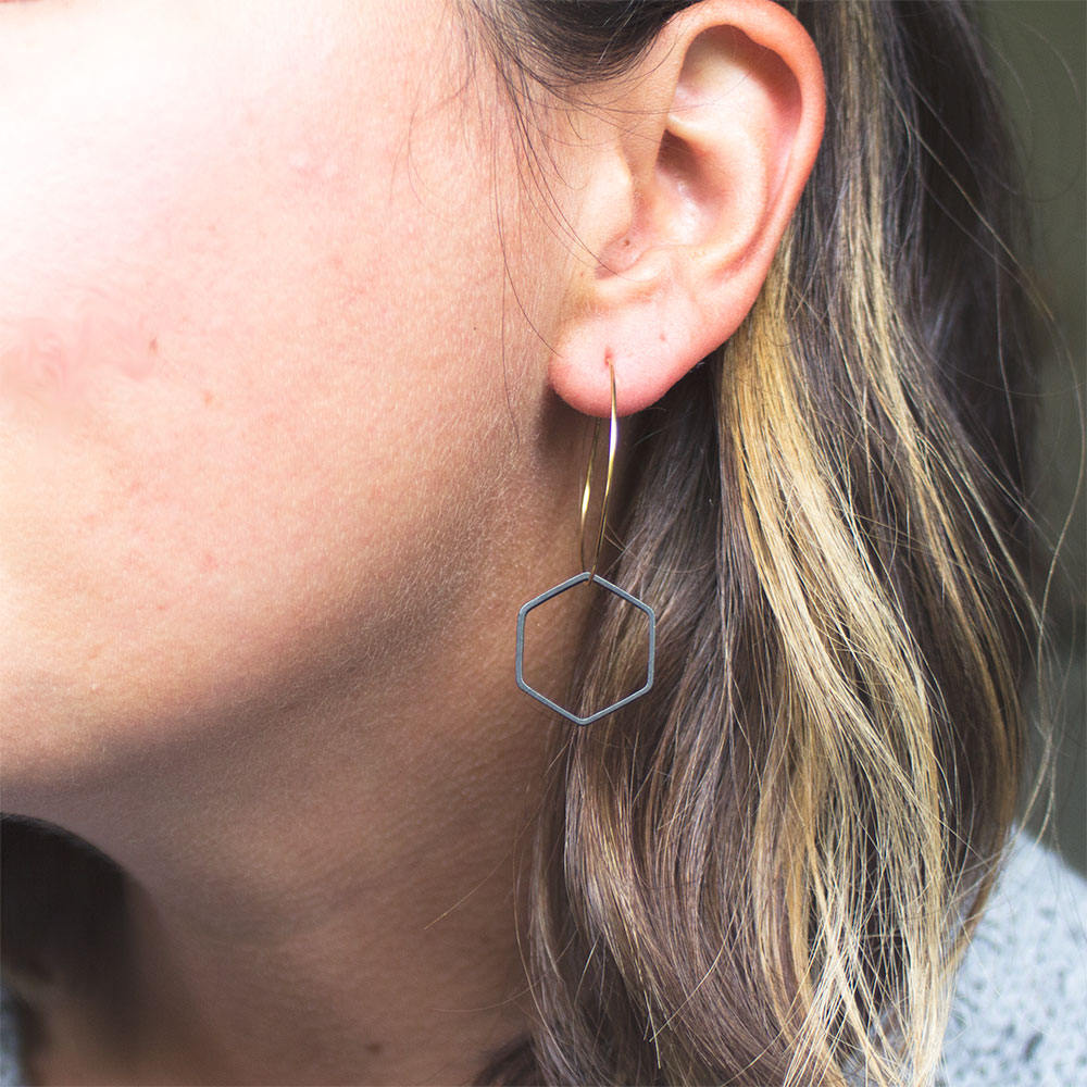 Minimalist Black and Gold Earrings, Modern Hoop with Hexagon, Honeycomb earrings