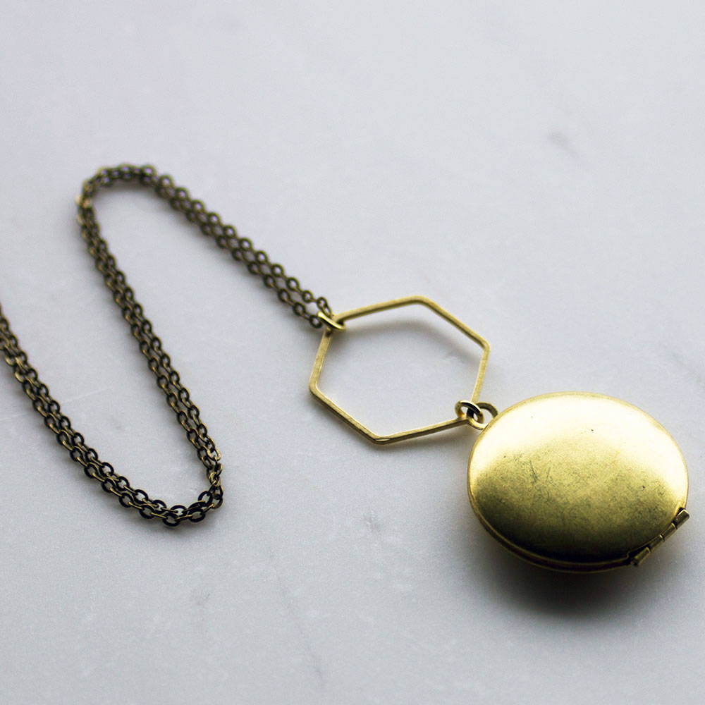 Hexagon Charm Brass Locket, modern locket, gold locket, gift for her, geometric, Mother's Day gift, minimalist locket, personalized gift