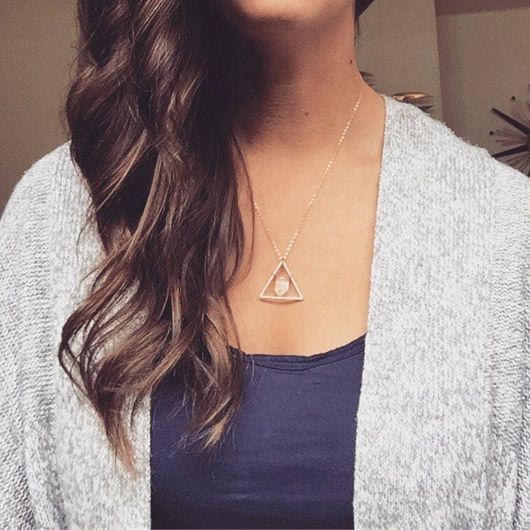 Rose Gold Triangle and Crystal Necklace, triangle necklace, Faceted Crystal Necklace, Rose Gold Necklace, crystal pendant, quartz pendant