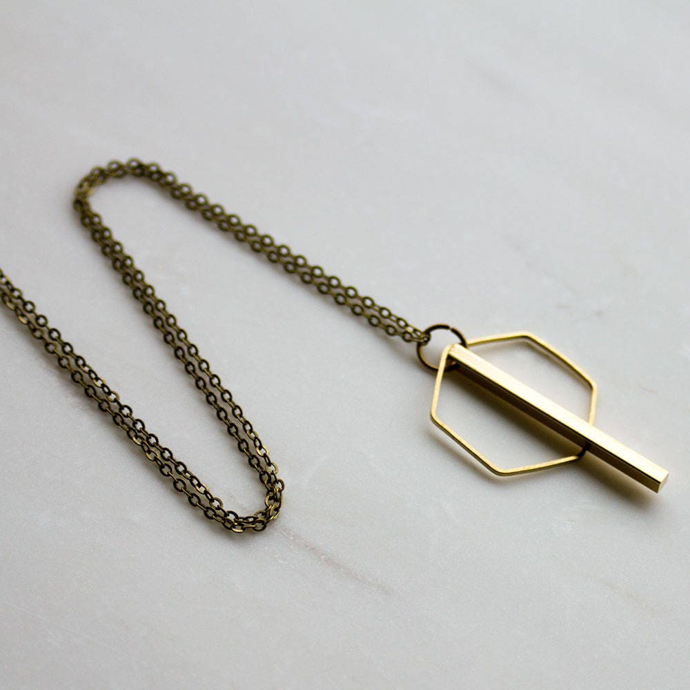 Hexagon and Gold Bar Necklace, gold bar necklace, gold geometric pendant necklace, long necklace, layering necklace, gift for her, Christmas