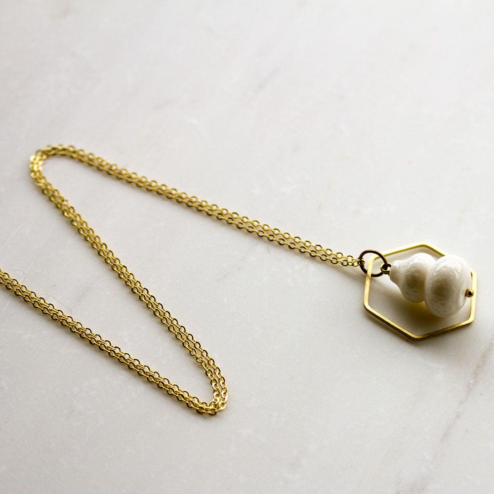 Long hexagon necklace, white and gold necklace, layering necklace, honeycomb necklace, wedding jewelry, gift for mom girlfriend wife