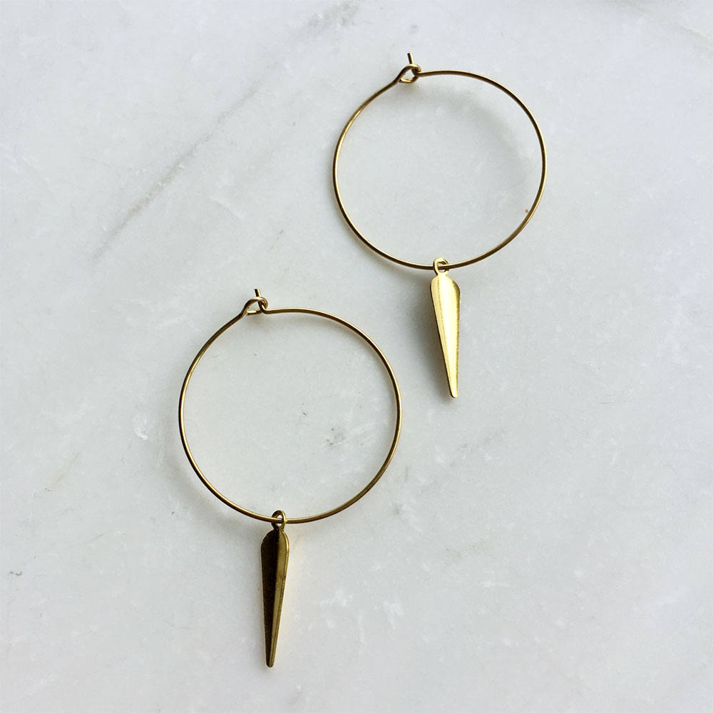 Gold Hoop Earrings with Brass Spike spear, tribal earrings, gold hoop earrings, boho earrings, bridesmaid earrings, minimalist hoop