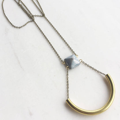 Blue and Gold Crescent Necklace, long boho necklace, blue bead necklace, long gold necklace, minimalist necklace, gift for her, statement