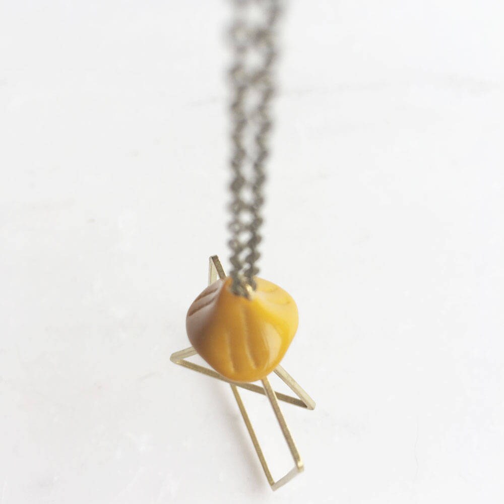 Yellow and brass necklace, glass flower pendant, geometric modern necklace