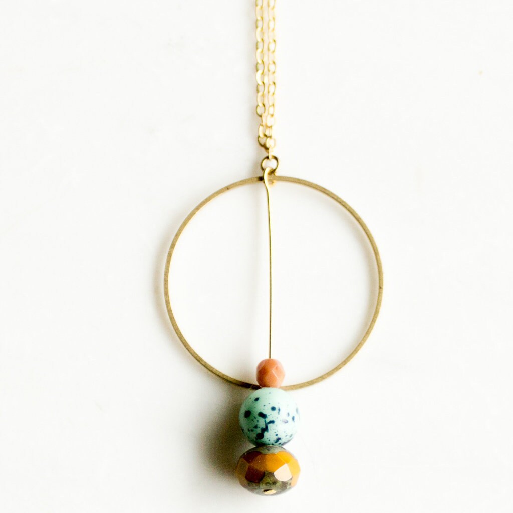 Long circle pendant necklace, layering necklace, beaded pendant necklace, geometric pendant necklace