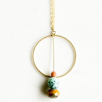 Long circle pendant necklace, layering necklace, beaded pendant necklace, geometric pendant necklace