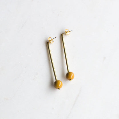 Long yellow and gold drop earrings, long minimalist statement earrings, jasper stone earrings, gold bar earrings