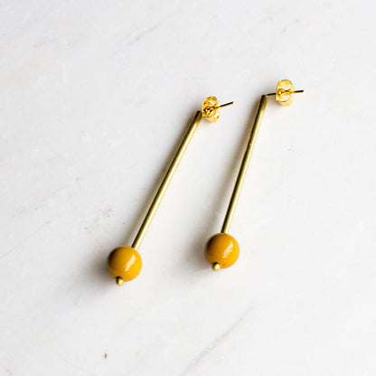 Long yellow and gold drop earrings, long minimalist statement earrings, jasper stone earrings, gold bar earrings