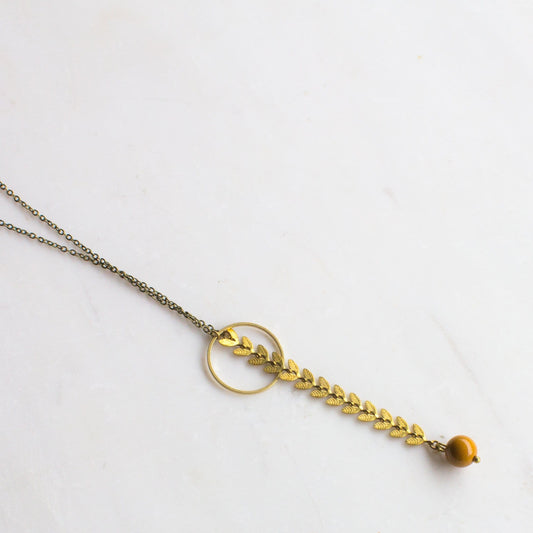 Gold Lariat Necklace with bead drop, long y necklace, gold leaf lariat necklace, long gold and yellow necklace