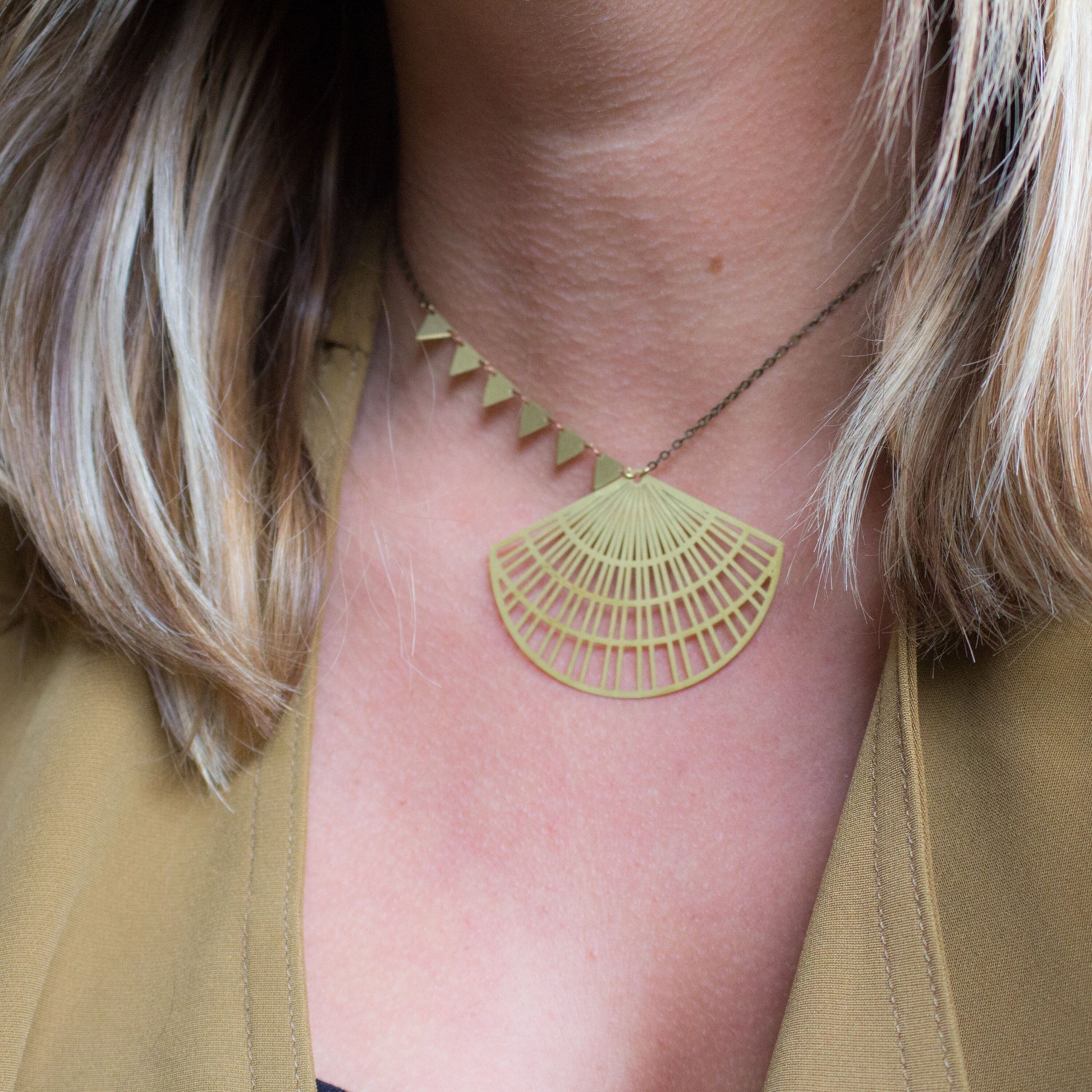 Gold triangle pendant necklace, asymmetrical jewelry, boho fan necklace