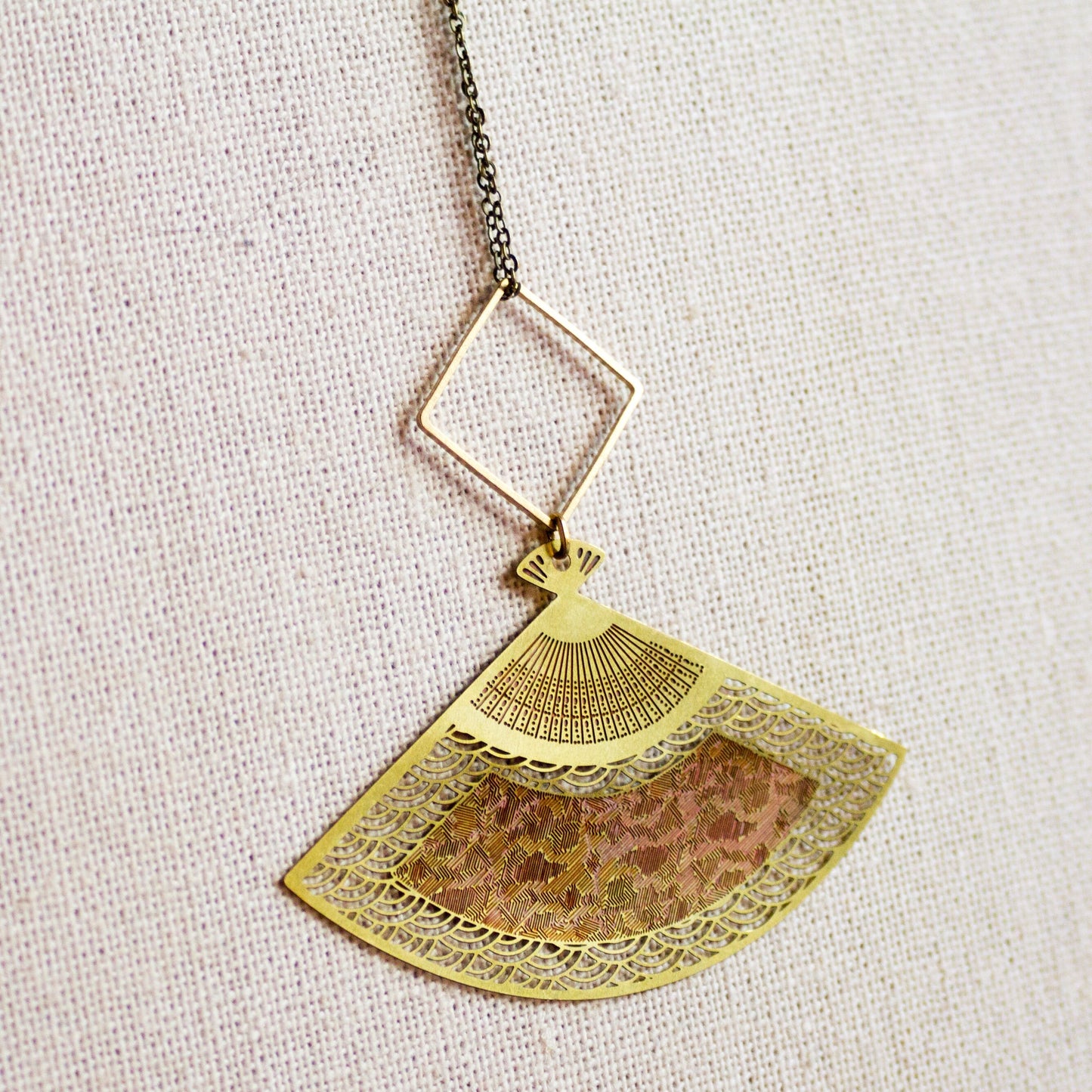 Japanese Fan Necklace, Long Boho Necklace, Brass Fan Necklace, Pink and Gold Pendant