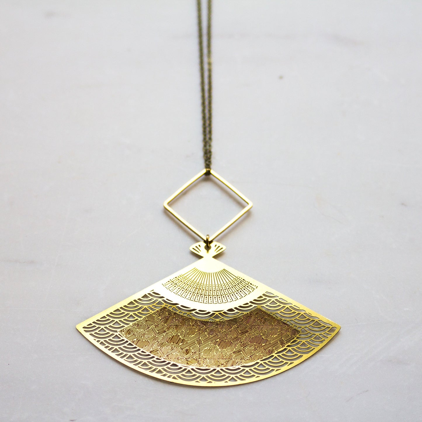 Japanese Fan Necklace, Long Boho Necklace, Brass Fan Necklace, Pink and Gold Pendant