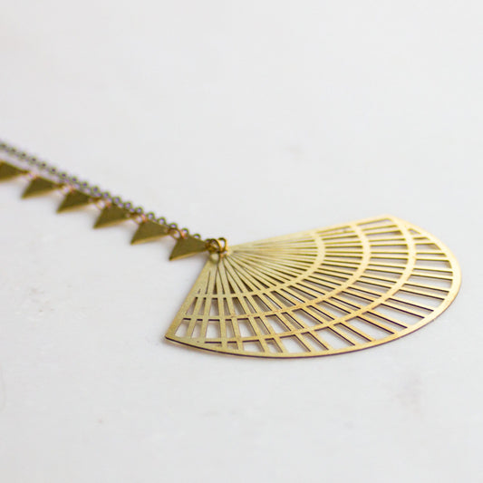 Gold triangle pendant necklace, asymmetrical jewelry, boho fan necklace