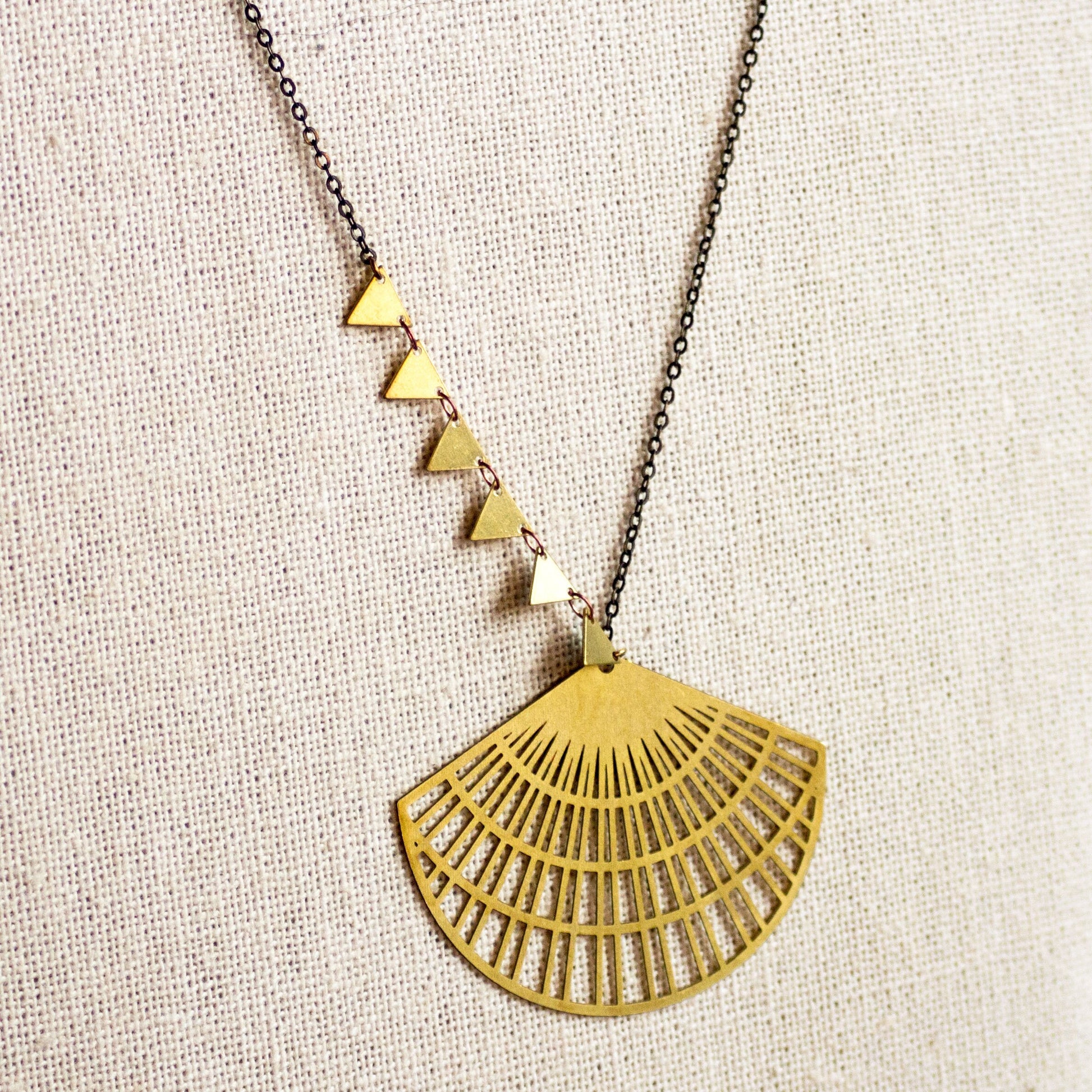 Gold triangle pendant necklace, asymmetrical jewelry, boho fan necklace