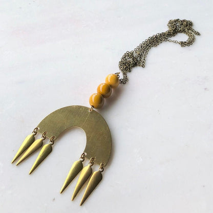 Long bold necklace, brass and orange beaded pendant, boho jewelry