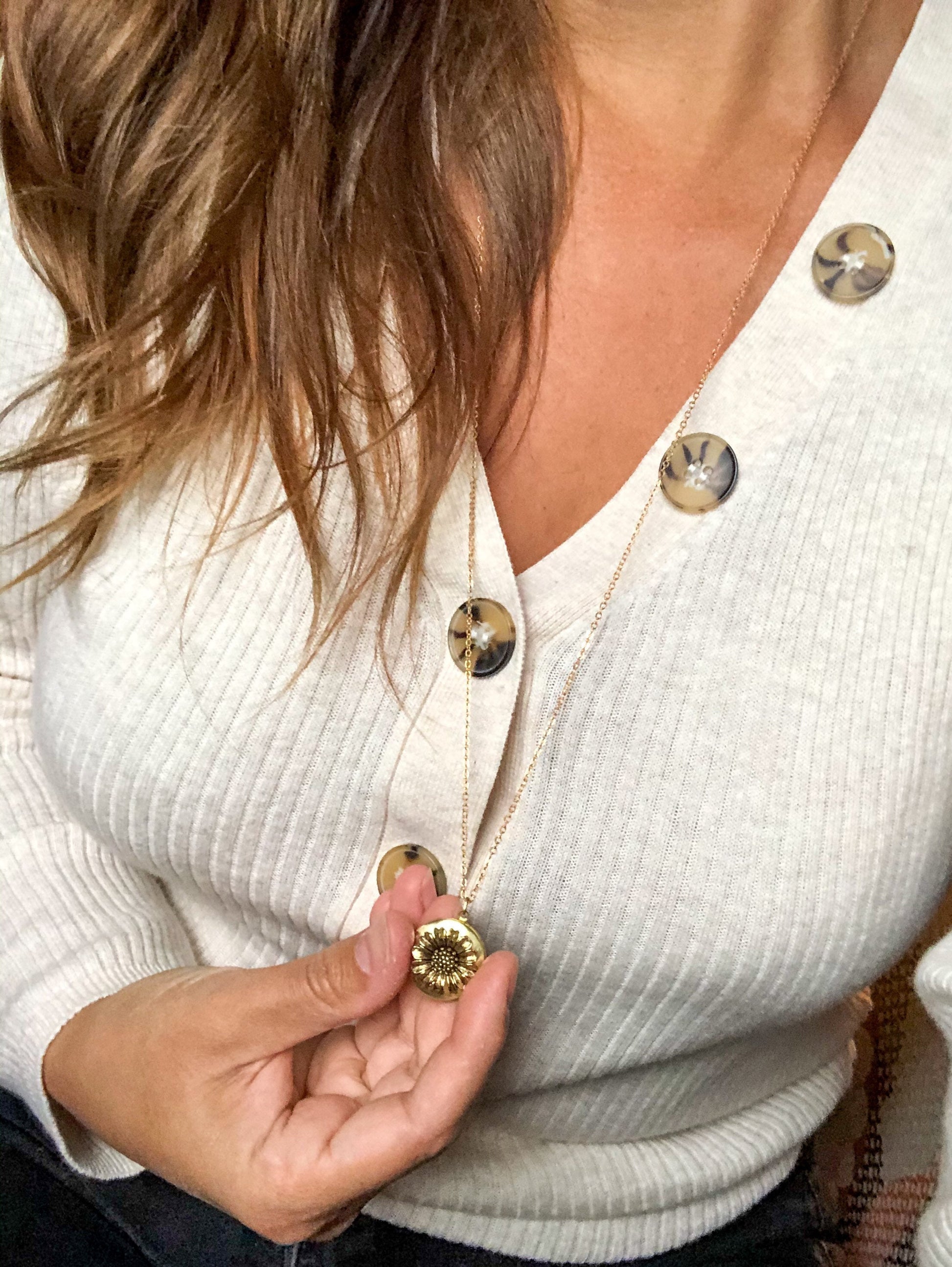 Sunflower necklace, delicate locket necklace, flower pendant, hippy necklace