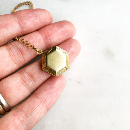 Gold hexagon locket, modern tiny locket, small photo locket, antique gold locket