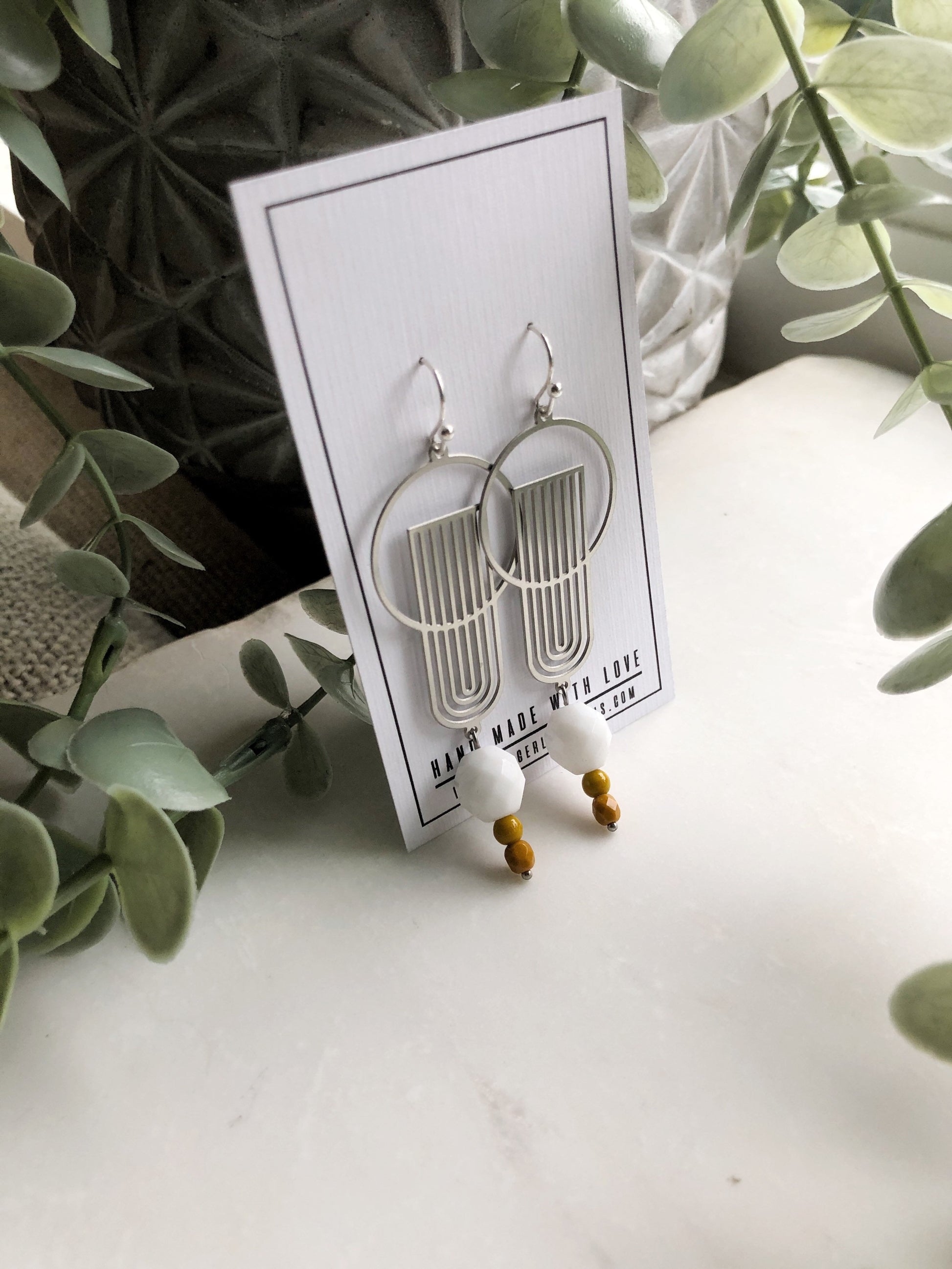 Silver drop earrings, Art Deco jewelry, laser cut, yellow drop earrings