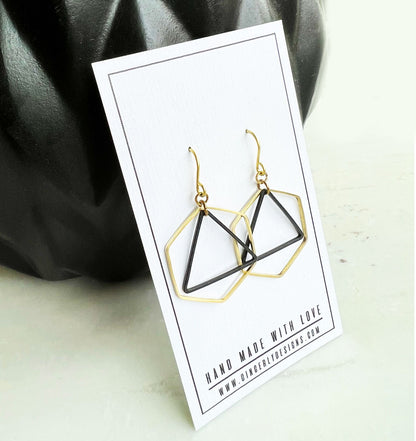 Hexagon and triangle earrings, honeycomb earrings, black and gold earrings, gift her, Bridesmaid earrings, Christmas gift, stocking stuffer