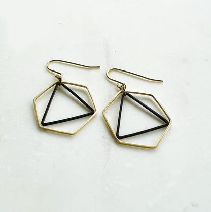 Hexagon and triangle earrings, honeycomb earrings, black and gold earrings, gift her, Bridesmaid earrings, Christmas gift, stocking stuffer