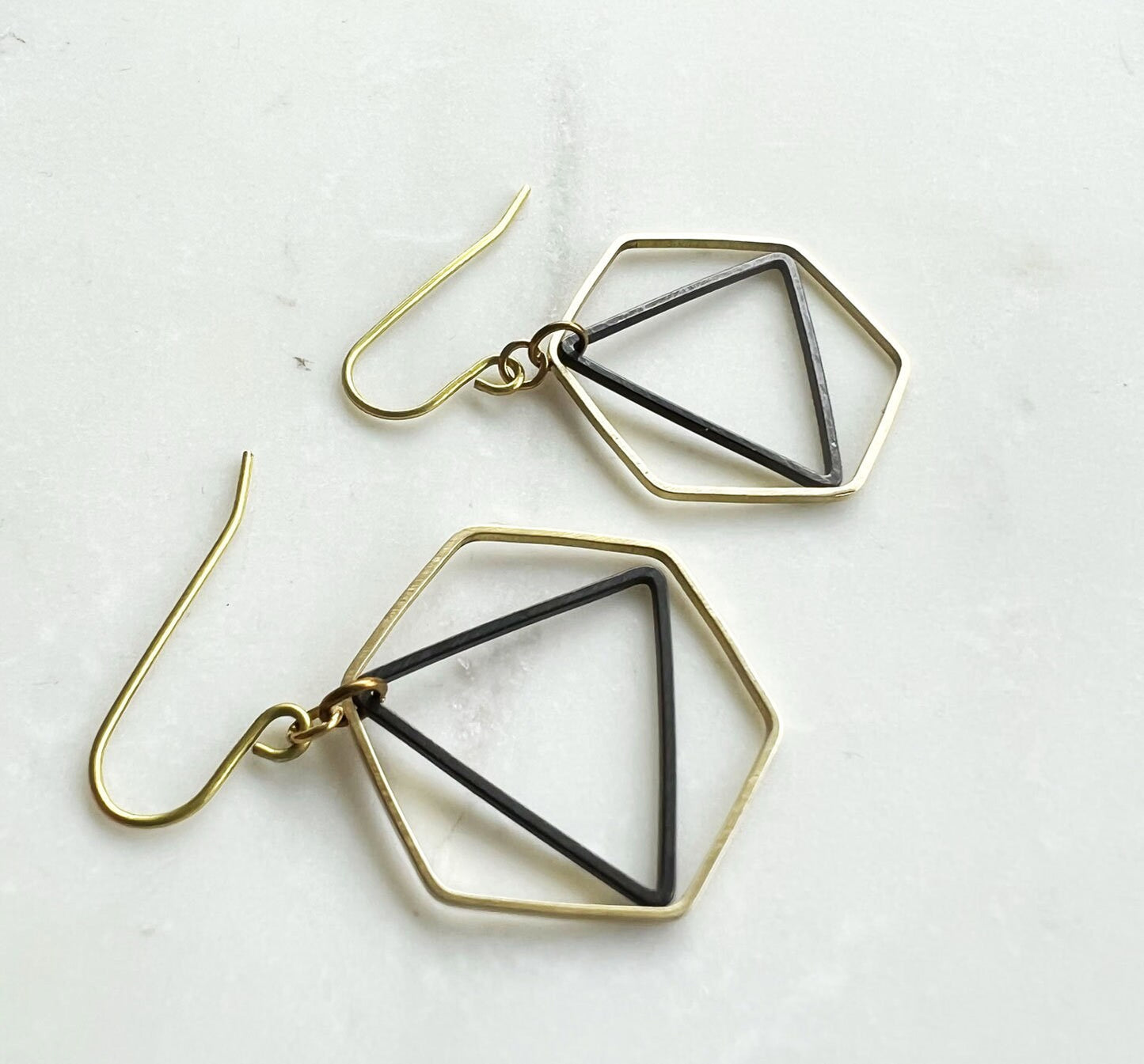 Hexagon and triangle earrings, honeycomb earrings, black and gold earrings, gift her, Bridesmaid earrings, Christmas gift, stocking stuffer