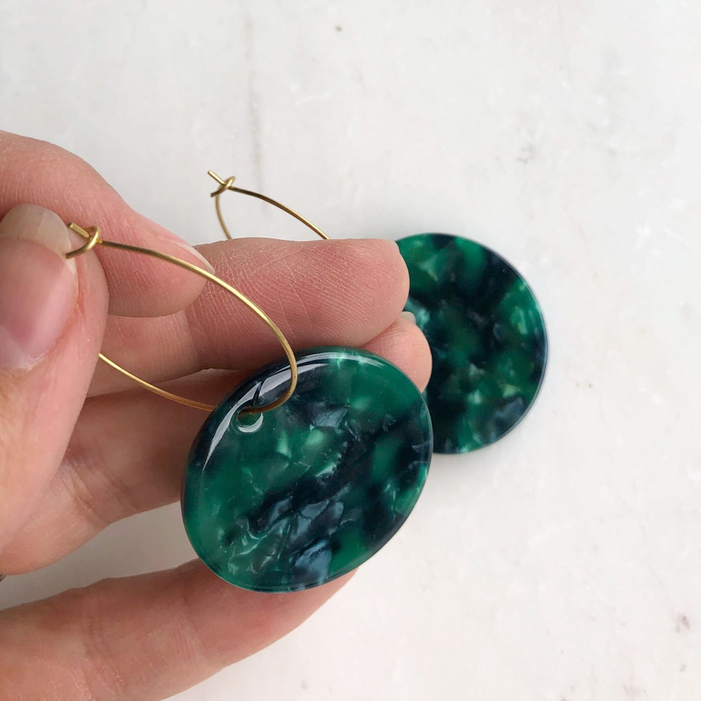Emerald green statement earrings, Christmas party earrings, round green earrings with gold hoops