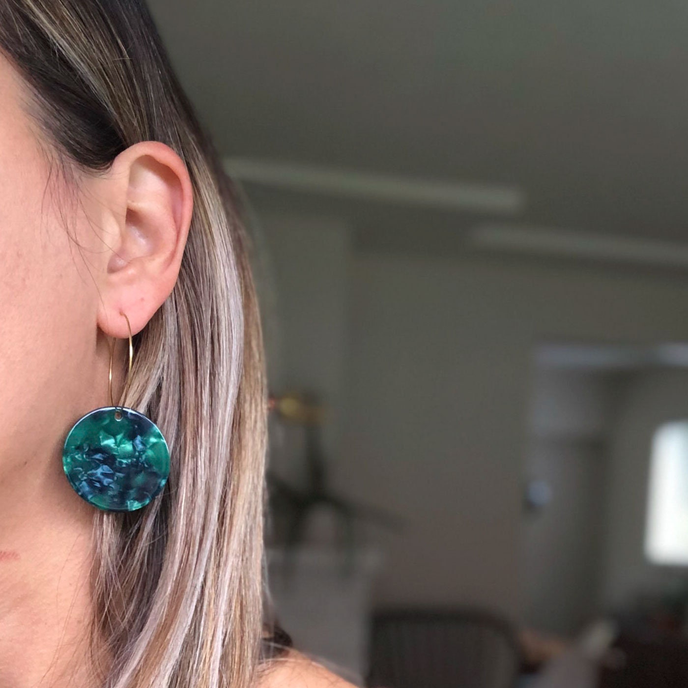 Emerald green statement earrings, Christmas party earrings, round green earrings with gold hoops