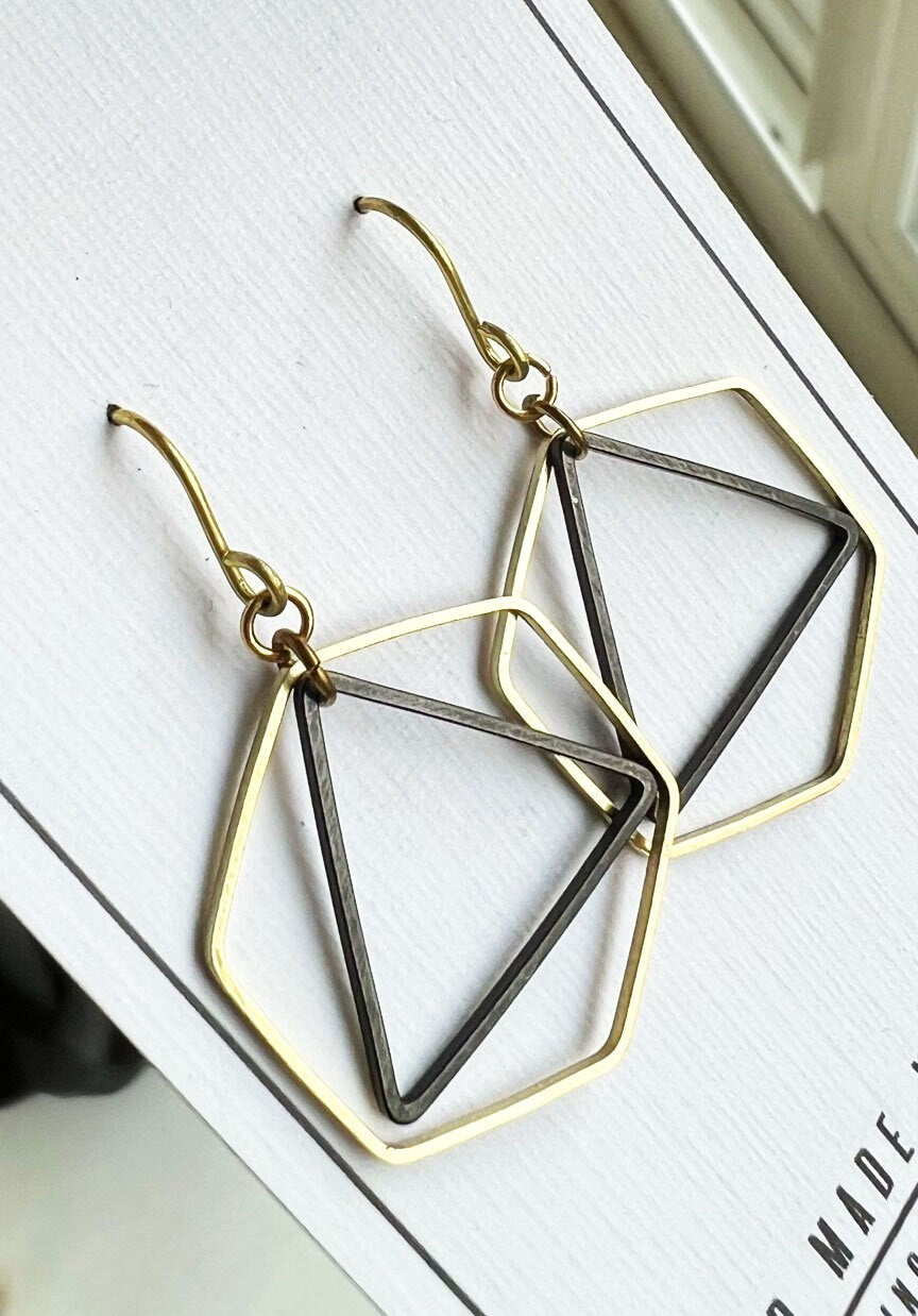 Hexagon and triangle earrings, honeycomb earrings, black and gold earrings, gift her, Bridesmaid earrings, Christmas gift, stocking stuffer