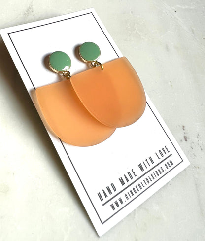 Orange crescent earrings, blue and orange earrings, colorful jewelry, statement earrings