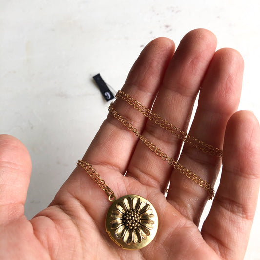 Sunflower necklace, delicate locket necklace, flower pendant, hippy necklace