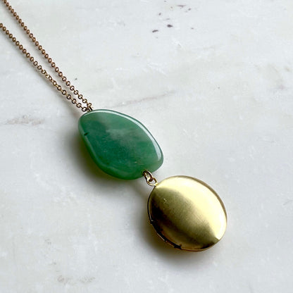 Green stone and brass modern tiny locket, small photo locket, antique gold locket