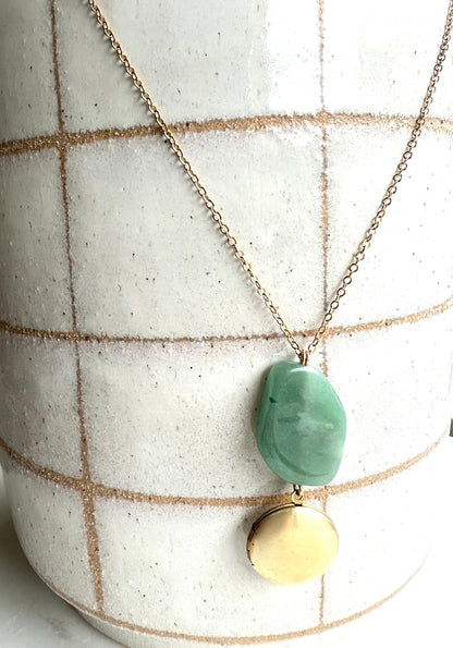 Green stone and brass modern tiny locket, small photo locket, antique gold locket